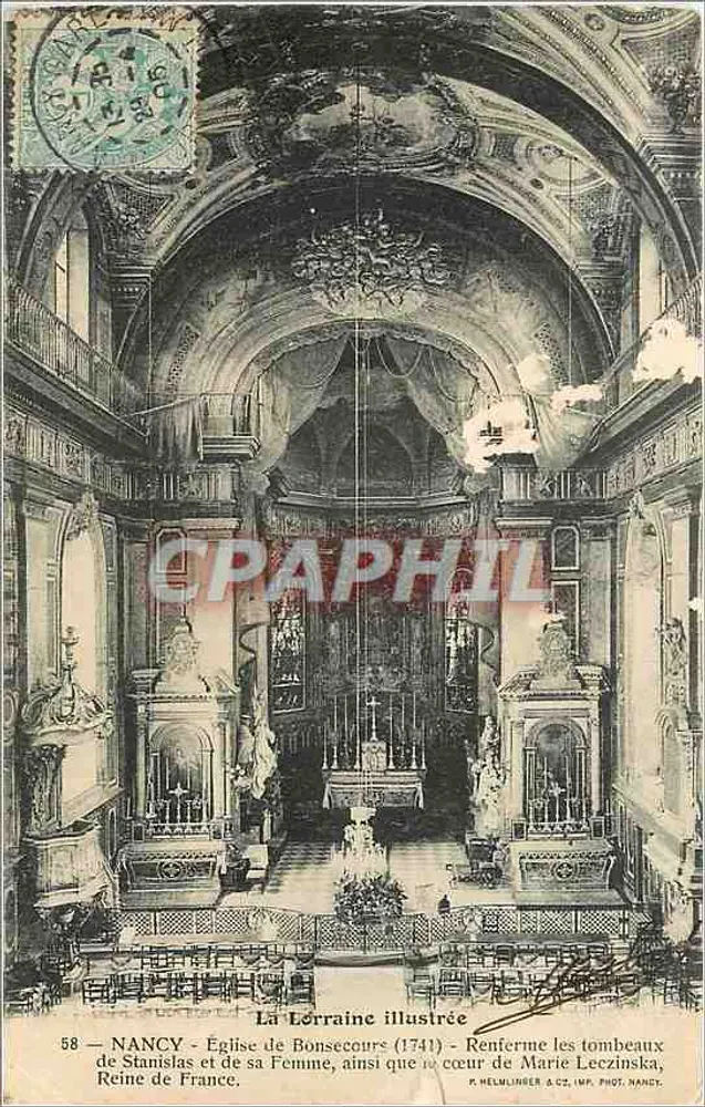 NANCY — Église de Bonsecours (1741) — Renferme les tombeaux de Stanislas et de sa Femme, ainsi que le cœur de Marie Leczinska, Reine de France. P. HELMLINER & Cie, IMP. PHOT. NANCY. - Frente