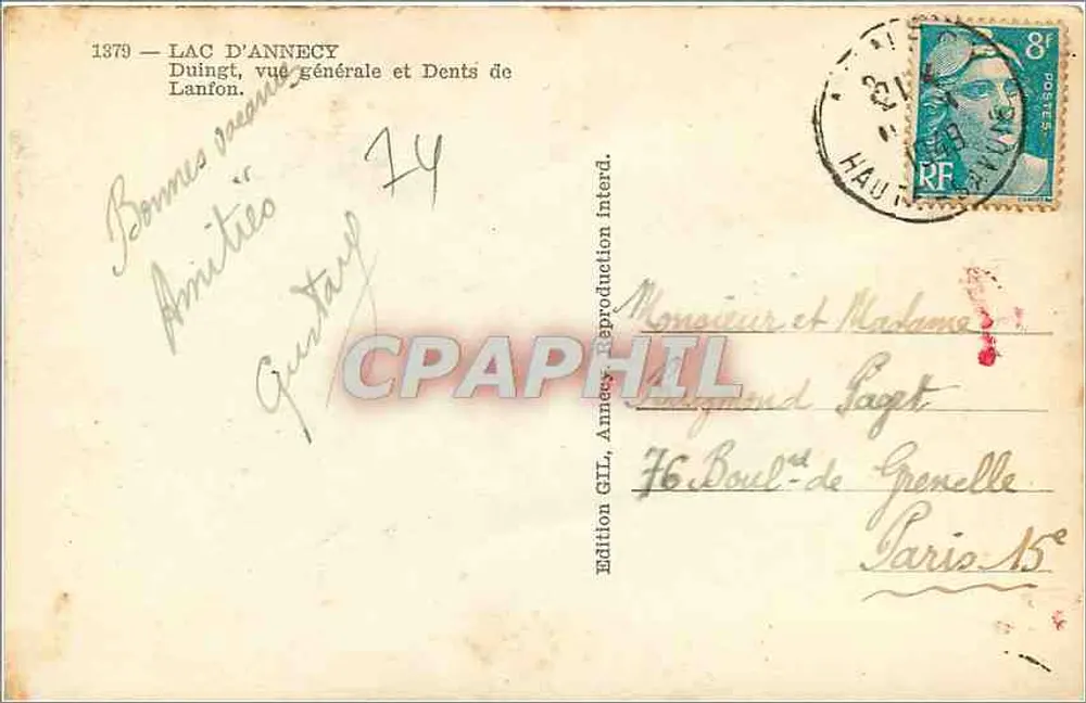 Lac d'Annecy — Vue générale et Dents de Lantfon — Édition GILL, Annecy - Verso