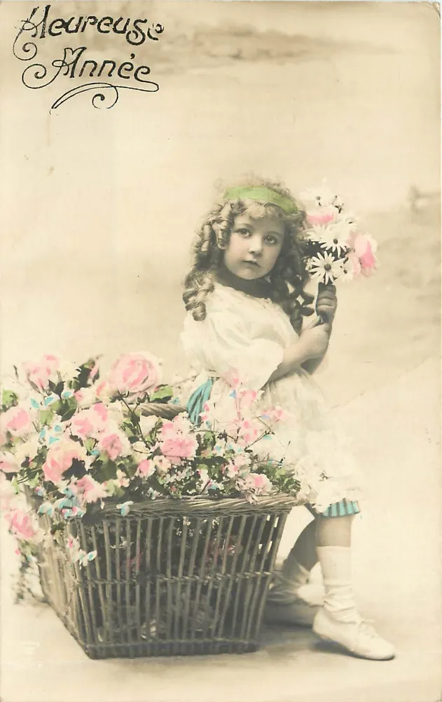 Menina com cesta de flores — 'Ano Feliz' — editor desconhecido - Frente
