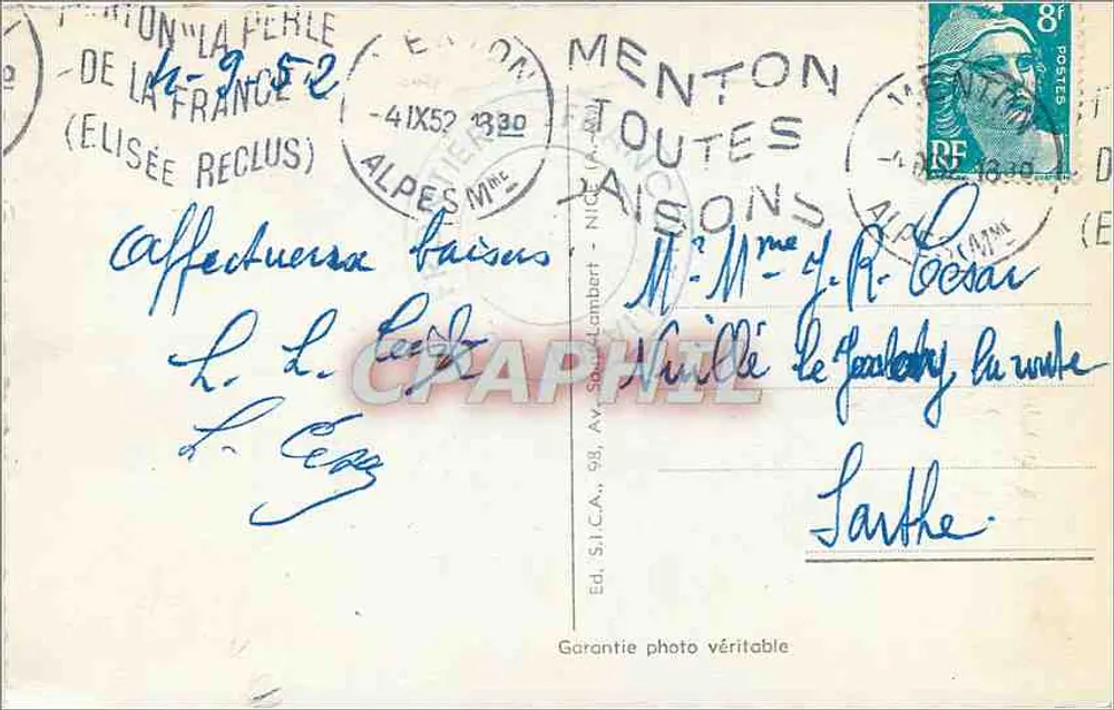 Menton — Visão Geral para a Fronteira — Ed. S.I.C.A., Menton - Verso