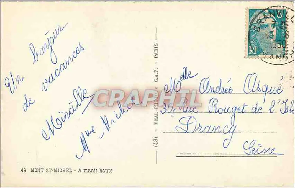Monte Saint-Michel — A maré alta — editor REAL-PHOTO - PARIS, n°48 - Verso