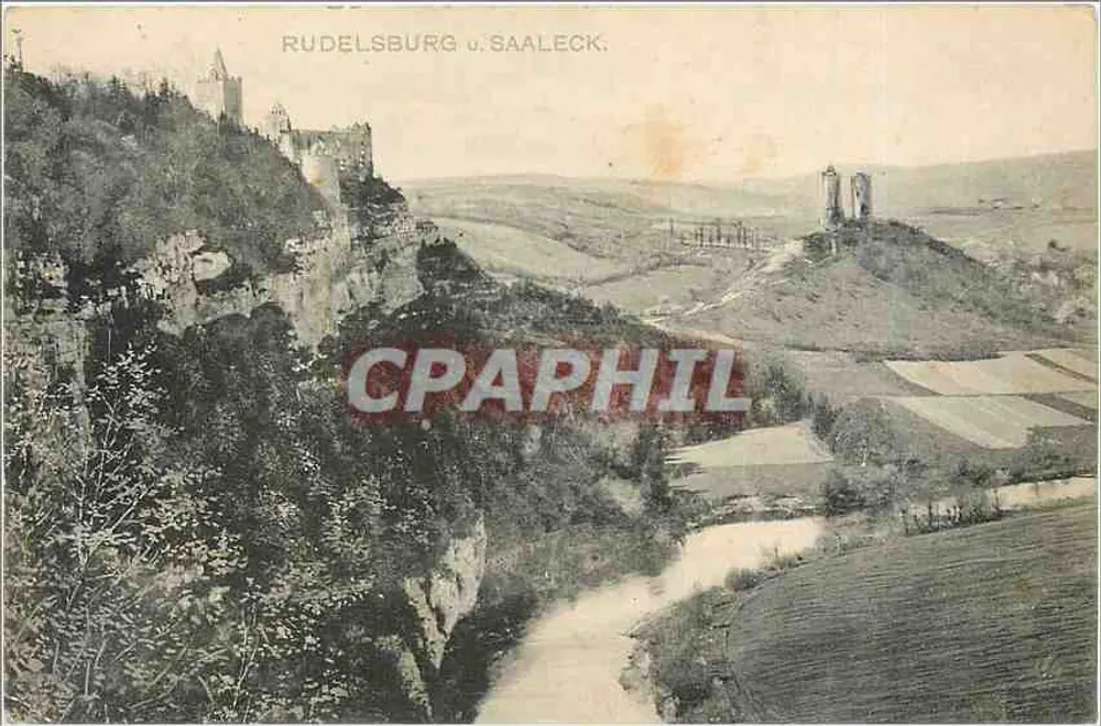 Rudelsburg e Saaleck — vista do castelo e do paisagem — editor não identificado - Frente