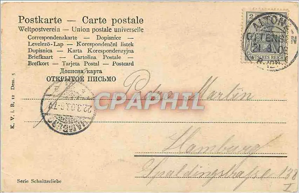 Duas pessoas em um paisagem de canas — texto alemão — editor Schnitterliebe, série 5 - Verso