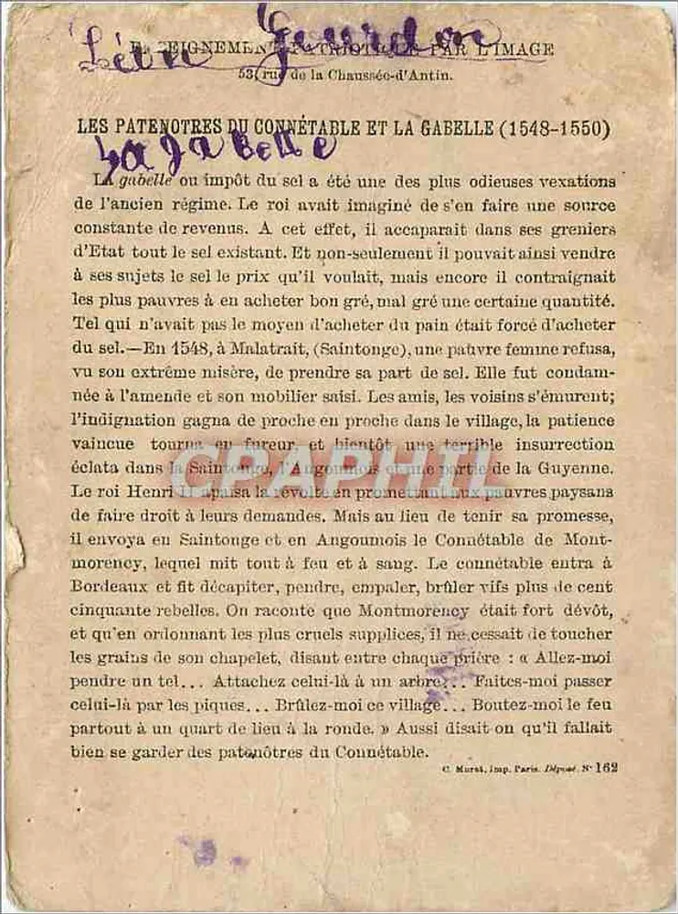 Le Connétable et la Gabelle — Patenôtres du Connétable — Éditeur Murat, Imp. Paris, Dépôt N° 162 - Verso
