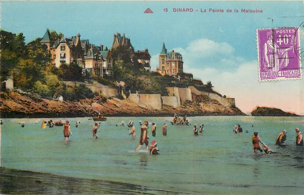 Dinard - A Ponta da Malouine — Bilhete postal antigo n°15, editor A.P. — selo 40c - Frente