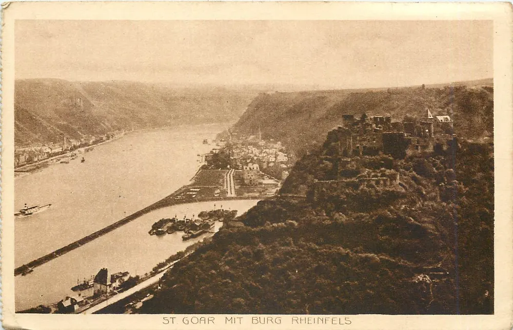 St Goar with Burg Rheinfels — view of the Rhine and the castle — publisher unknown - Front
