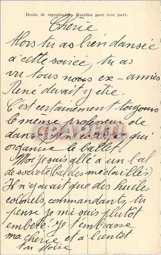 Tänzer in Abendkleidung — Drucktext und handschriftliche Nachricht — PC. Paris, n° 3650/4 - Rückseite