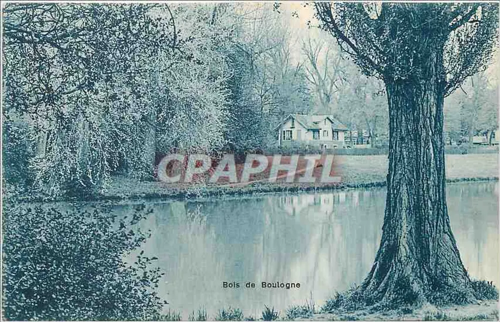 Bois de Boulogne — vista do lago com árvore e casa — C. Malecuit, fot. édit. Paris - Frente