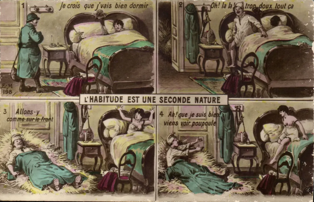 Gewohnheit ist eine zweite Natur — humorvoller Comic — E-M 1908 - Vorderseite