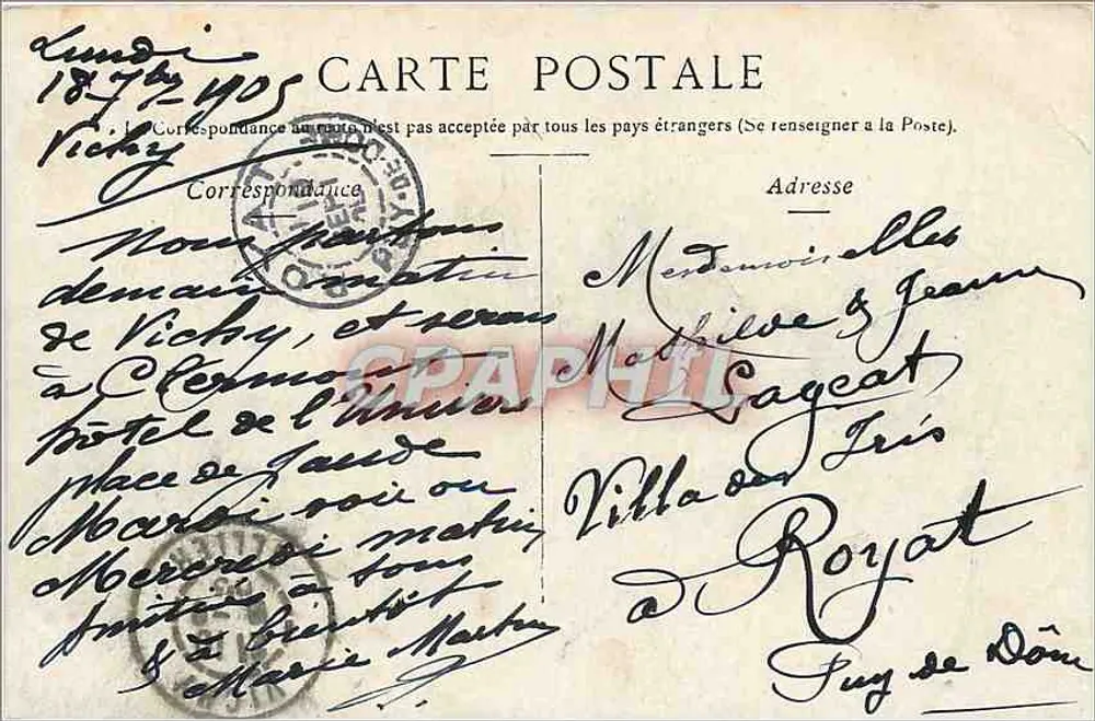 Vichy — O CASINO. — Editor Tarron & Cie, Paris — Número de série não visível - Verso