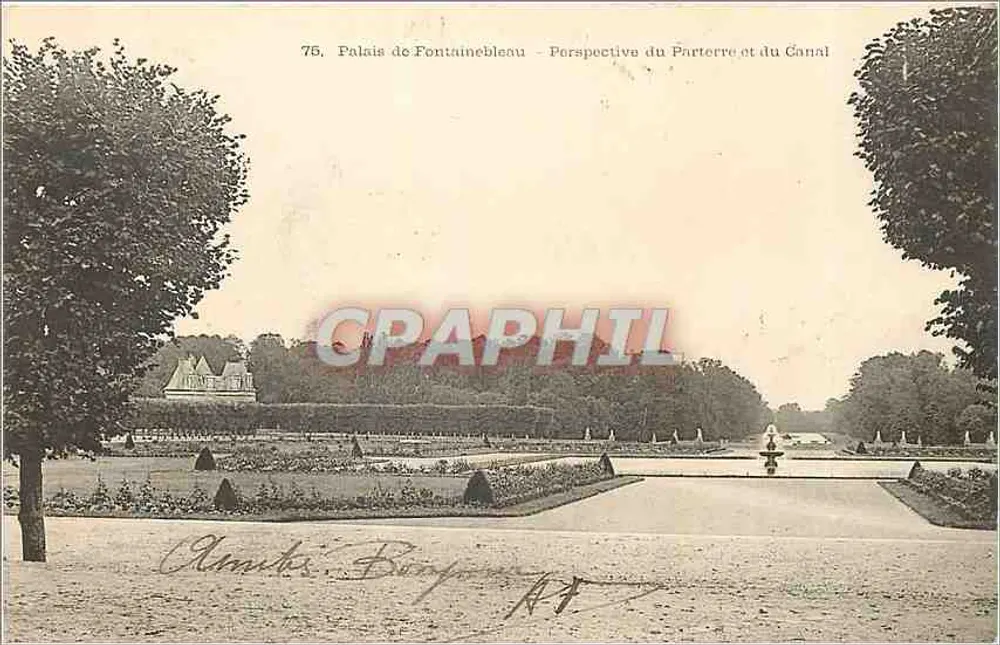 Schloss Fontainebleau — Perspektive des Parterres und des Kanals — Verlag Clément Bourgoin, Nr. 75 - Vorderseite