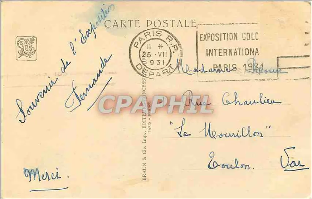 Les Missions Catholiques — Exposition Coloniale Internationale — Paris 1931 — Paul Tournas, Architecte - Verso