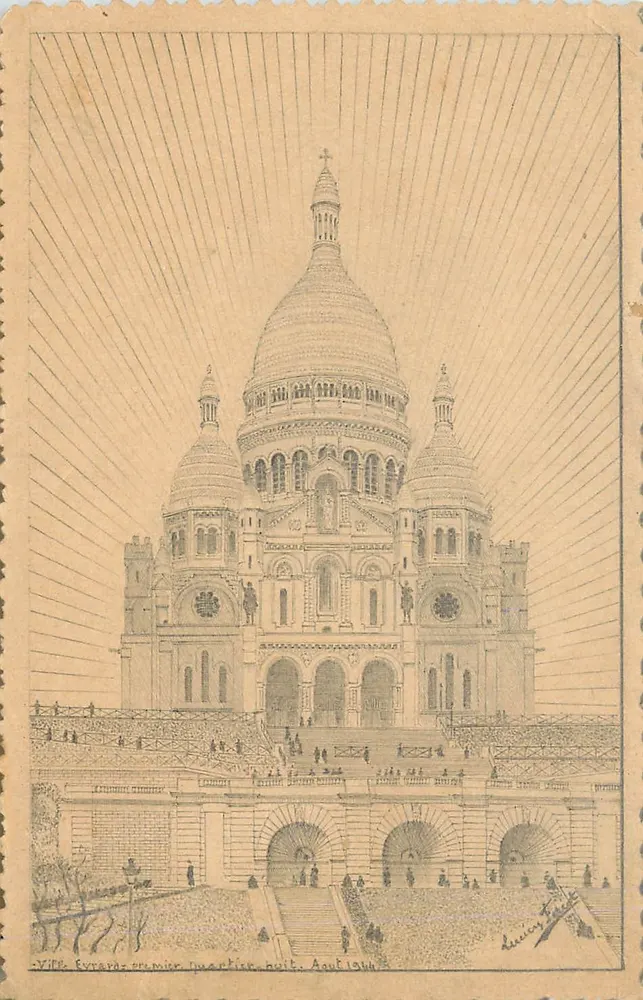 A Basílica do Sagrado Coração — vista à noite — Ville Evrards, primeiro quartel, agosto de 1914 - Frente