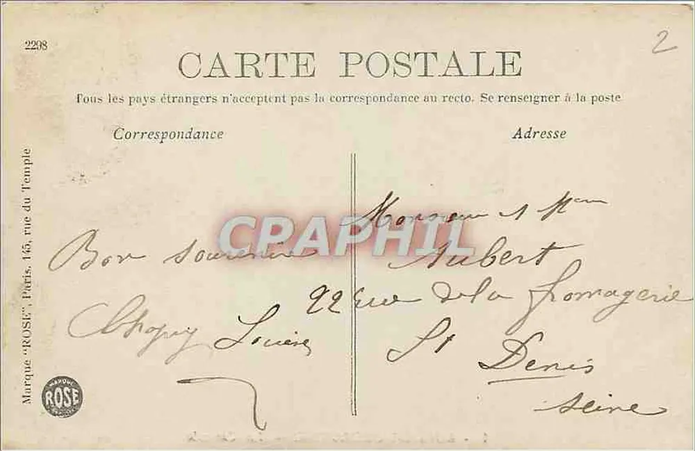 Bois de Boulogne — A Cascata — Editor Rose, n°2298 - Verso