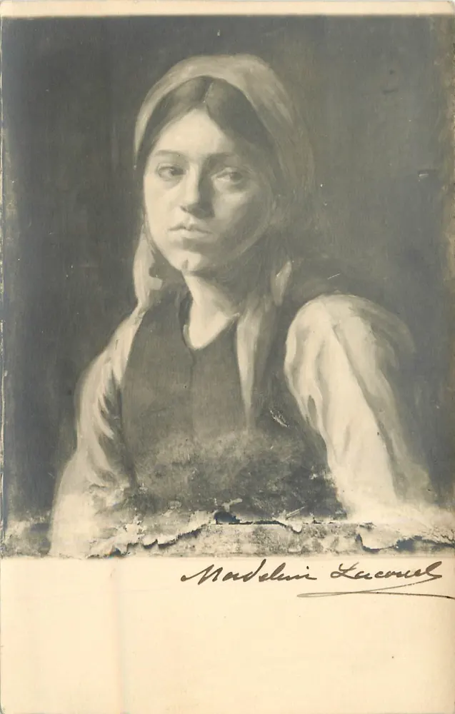 Retrato de jovem mulher — obra de Madelaine Laceruel — assinatura embaixo - Frente