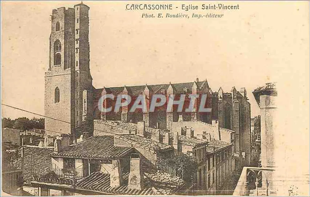 Carcassonne - Igreja de São Vicente — vista da torre e do telhado — Fot. E. Boudière, Imp.-editor - Frente