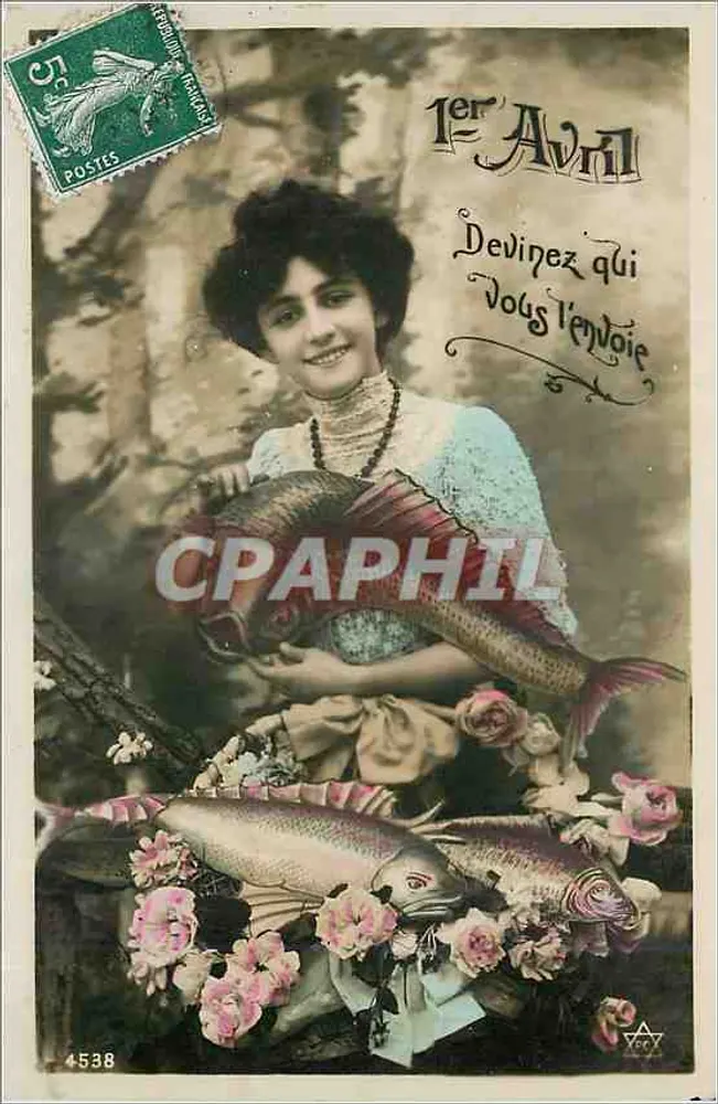 Jeune femme avec poissons — 1er Avril — éditeur inconnu, n° 4538 - Recto