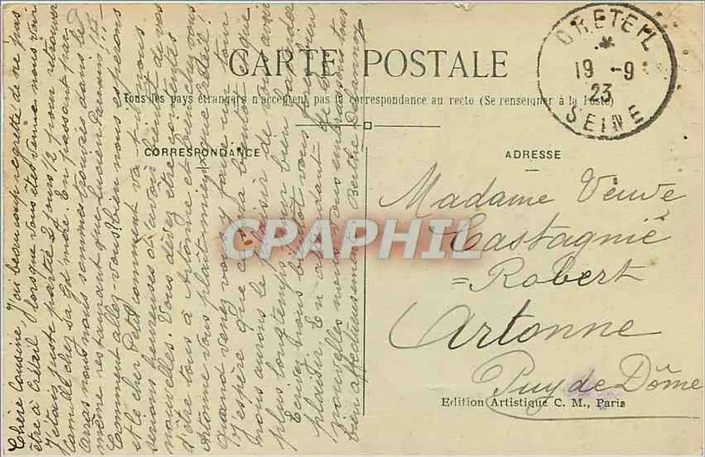 Créteil (Seine) — Denkmal für die Toten 1914-1918 — Édition Artistique C. M., Paris - Rückseite