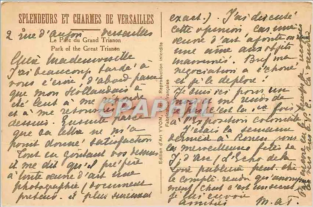 O Parque do Grande Trianon — Versailles — Edição de Arte YVON - Verso