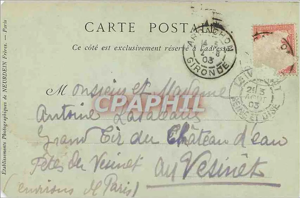Arcachon — La Chapelle Algérienne — Éditeur : Etablissements Photographiques de Neurdein Frères - Verso