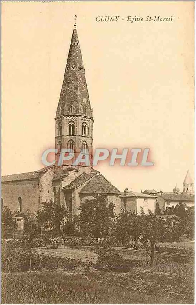 Cluny - Igreja de Saint-Marcel — vista da igreja com seu campanário com ponta — editor Hôtel de Bourgogne - Frente