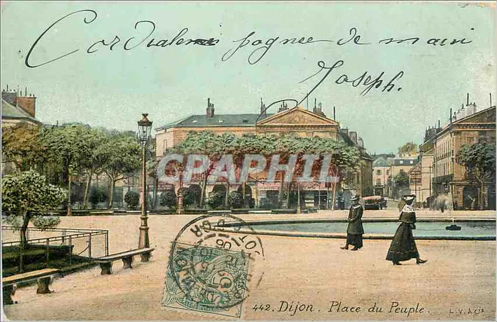 Dijon. Place du Peuple — visão da praça com fonte e pedestres — editor L.V. & Cie, n° 442 - Frente