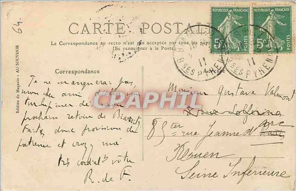 Biarritz : Côte d'Argent — Vue générale de l'Océan — Édition du Magasin Au Souvenir, n°2 - Verso