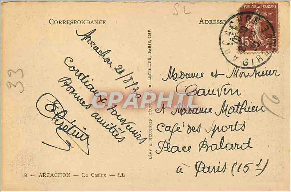 Arcachon — O Casino — editor Lévy & Neurdein, Paris, n°8 - Verso