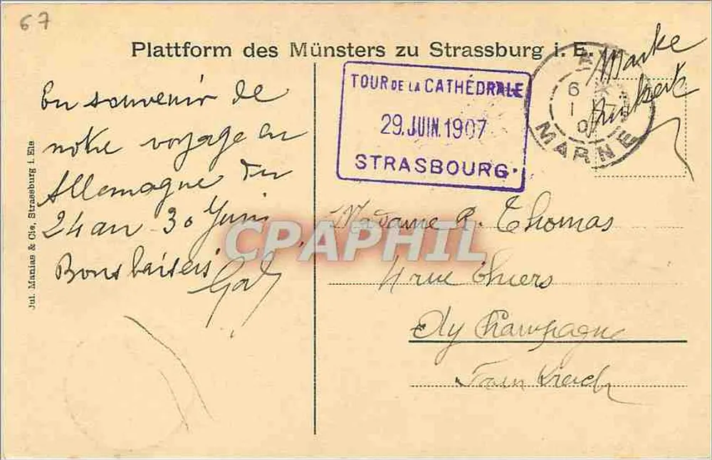 Straßburg — Aussicht von der Plattform des Kirchturms der Kathedrale — Jul. Manase & Cie, Straßburg - Rückseite