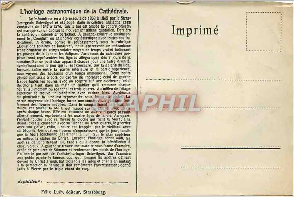 Horloge astronomique de la Cathédrale — Strasbourg — Imprimé par Félix Lüth, Strasbourg - Verso