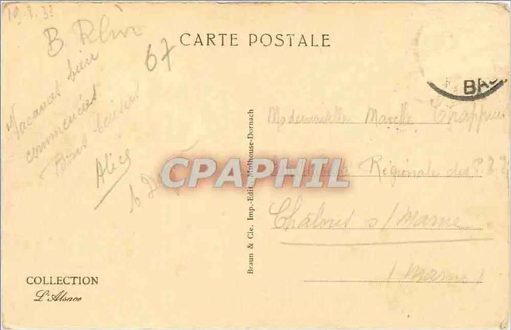 Saverne — El Castillo visto desde los jardines — Braun & Cie, Imp. Édit. Dornach - Reverso