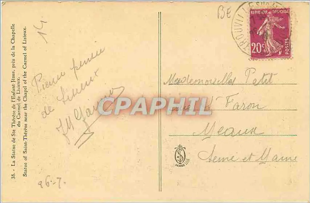 Statue de Sainte Thérèse de l'Enfant-Jésus — près de la chapelle du Carmel de Lisieux — éditeur inconnu, n° 38 - Verso