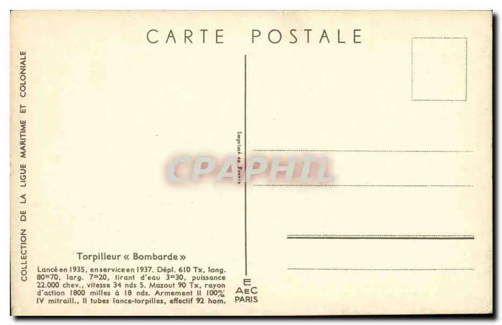 Torpedoboot « Bombarde » — Maritime League und Kolonial — Verlag AEC Paris - Rückseite