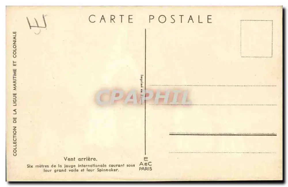 Six mâts de la jauge internationale courant sous leur grand voile et leur Spinnaker — Collection de la Ligue Maritime et Coloniale, Imprimerie AEC Paris - Verso