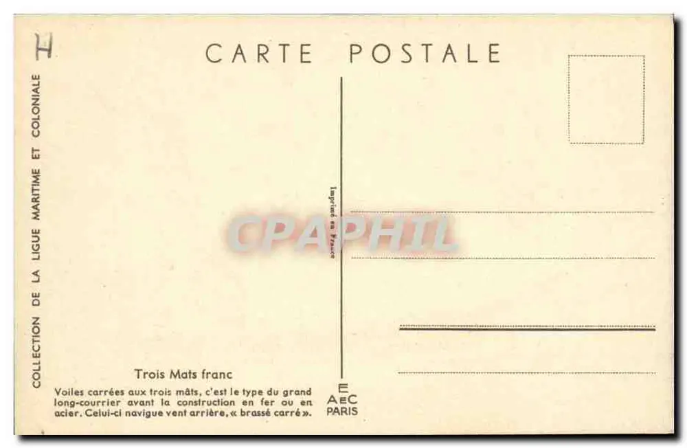 Navire à trois mâts — type grand long-courrier avant fer — Ligue Maritime et Coloniale - Verso