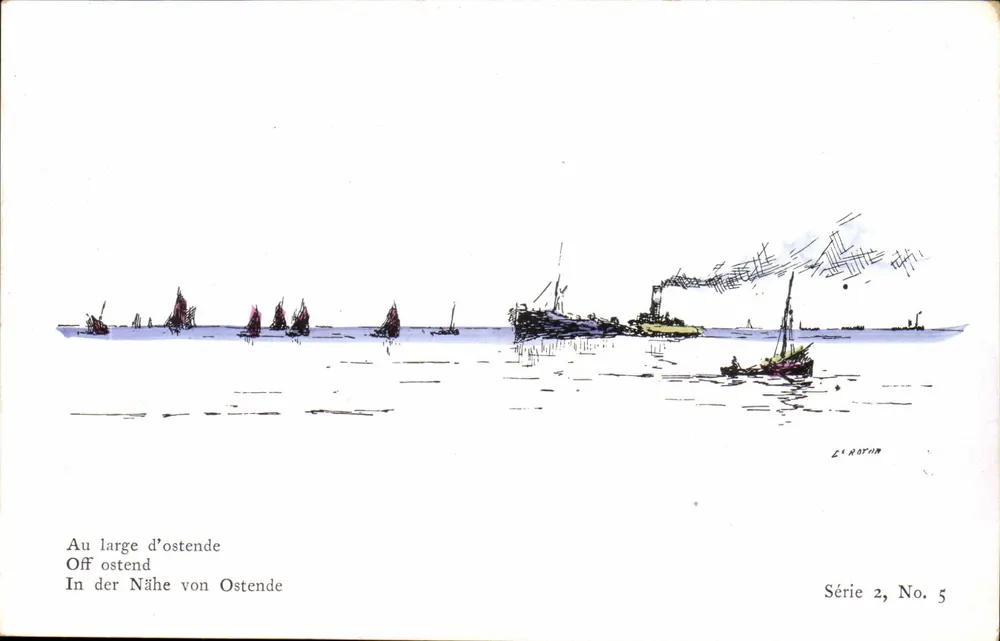 Vor der Küste von Ostend — Seeblick mit Segelschiffen und Dampfschiff — Jean Marion, Serie 2, Nr. 5 - Vorderseite