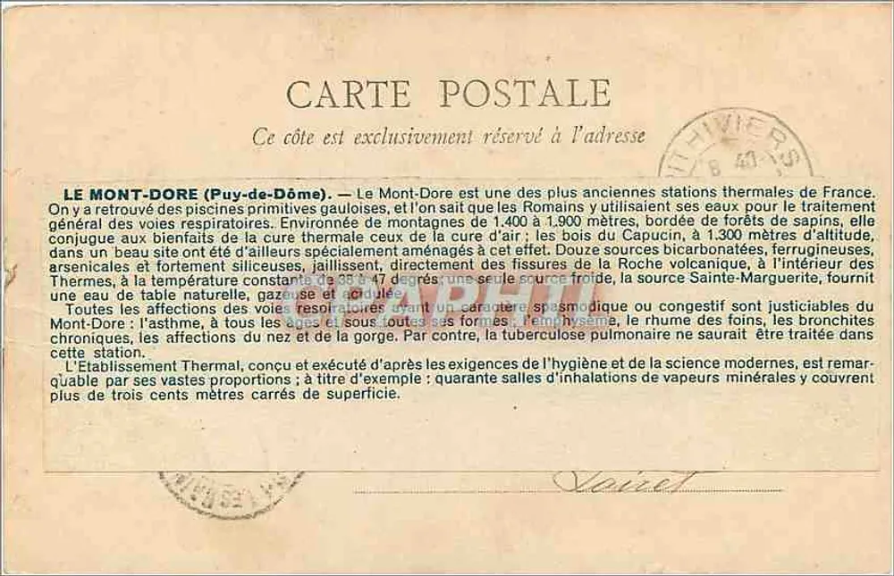 Mont-Dore — Estabelecimento dos Banhos — B.F. Paris - Verso