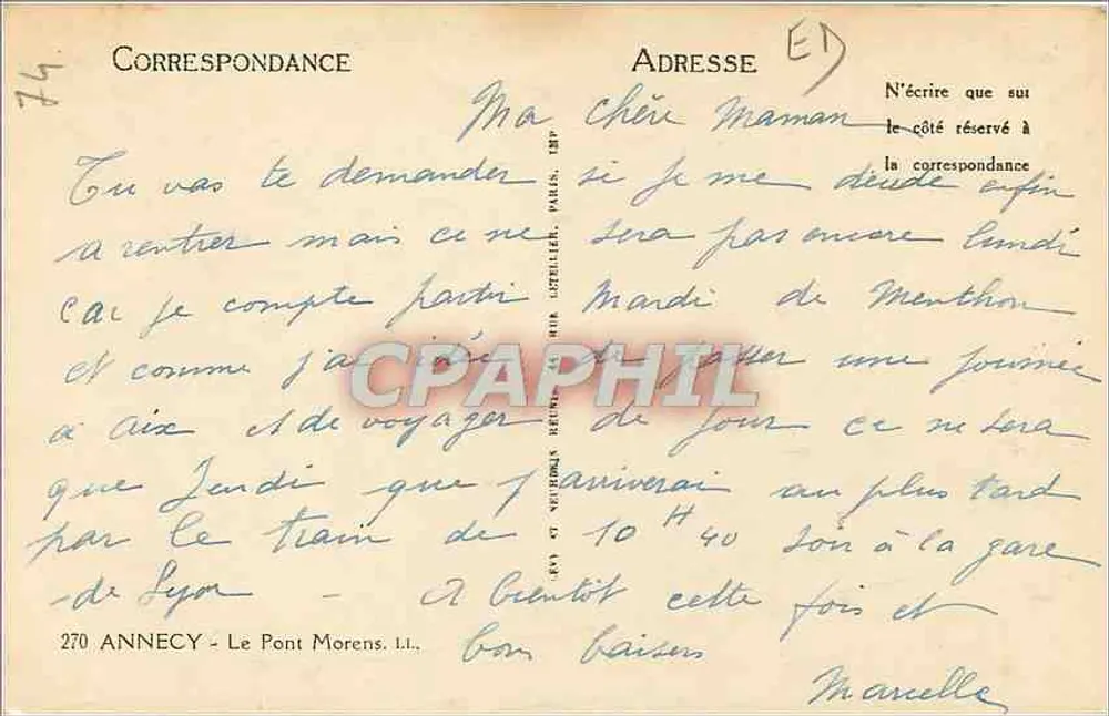 O Pont Morrens — Annecy — Bilhete postal antigo n°270 - Verso