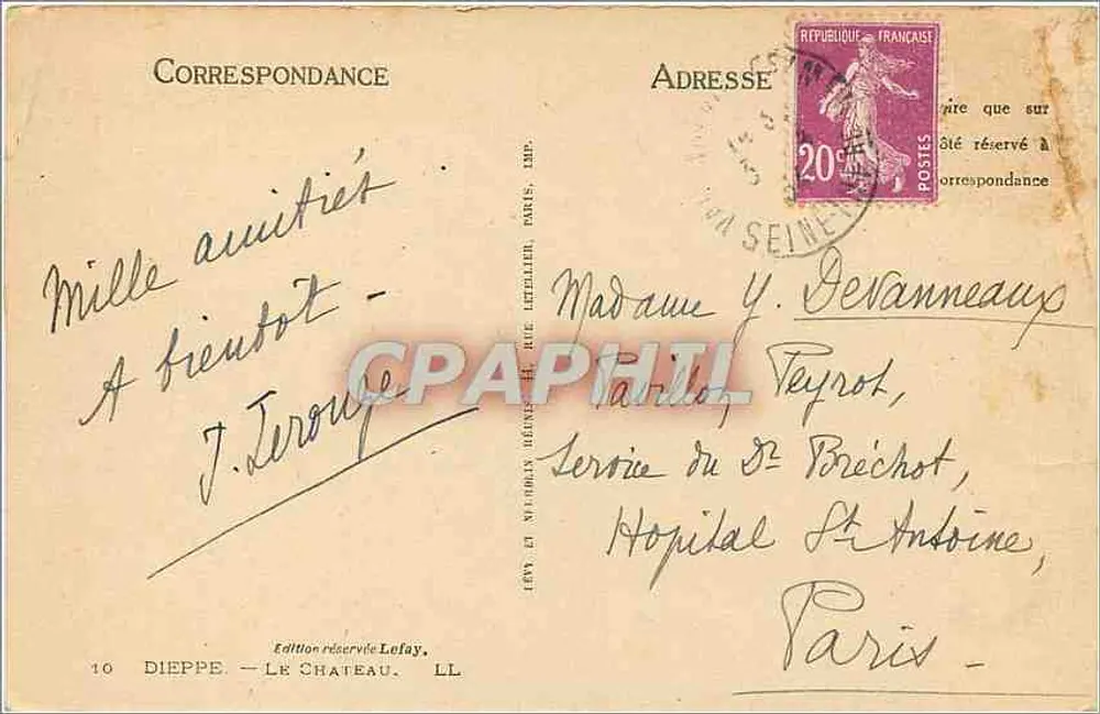 Castelo de Dieppe — vista panorâmica — Edição Lefay, n°10 - Verso