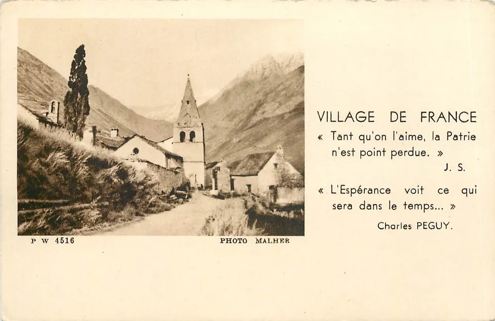 Pueblo de Francia — vista de pueblo alpino con iglesia — Foto Malher, n° PW 4516 - Anverso