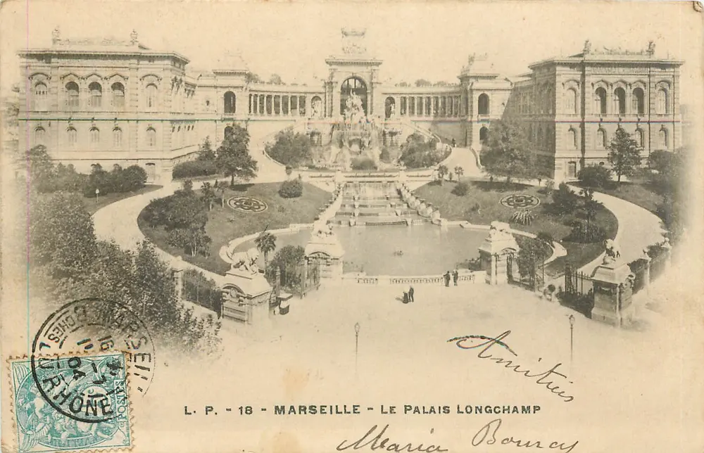 Marseille - O Palácio Longchamp — vista do jardim com fonte — L.P. - 18 - Frente