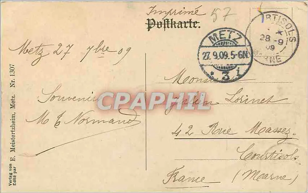 Metz - Pont dos Mortos — editor E. Meistertzheim, n° 1307 - Verso