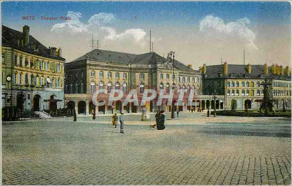 Metz - Piazza do Teatro — vista da praça com o teatro — Grapnophot G.m.b.H. Berlin S.W. 68, n°7 - Frente
