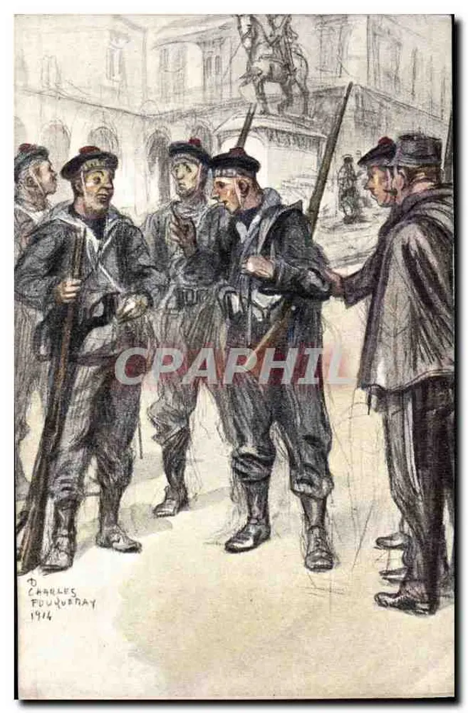 Französische Soldaten in Diskussion — Zeichnung von Charles Foujouray — 1914 - Vorderseite