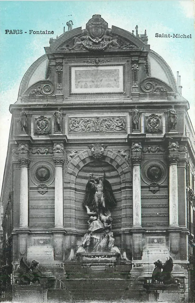 Paris - Fontaine Saint-Michel — vista da fonte ornada com uma estátua de anjo e putti, editor desconhecido, número de série 18 - Frente