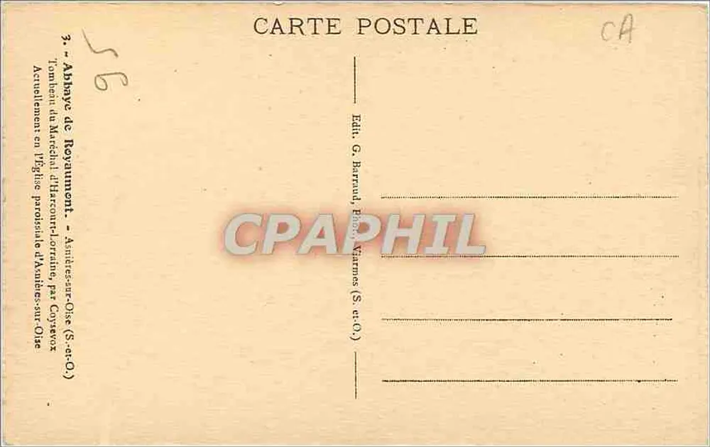 Grabmal des Marschalls d'Harcourt - Abtei Reuvenment — Verlag G. Barnaud, Amiens (S.-et-O.) - Rückseite