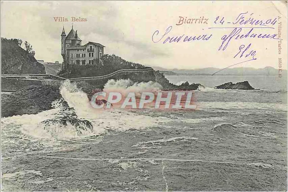 Villa Belza — vue de la mer avec vagues et château — éditeur A. Villiers, Tarbes, n° 1639 R.12 - Frente