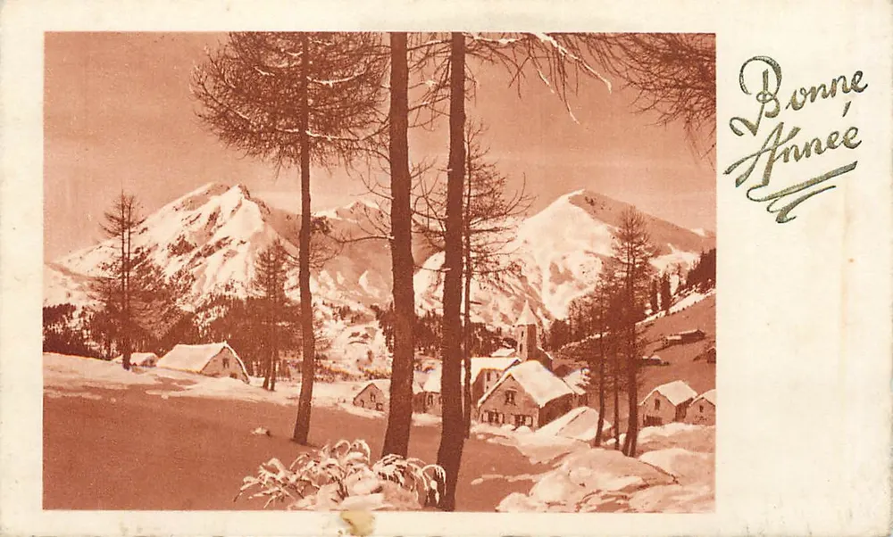 बर्फ से ढका गांव पर्वतों के नीचे — शुभ वर्ष — एडिटर अदृश्य - आगे