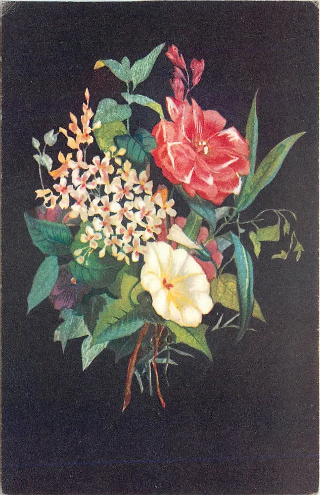 Blumenstrauß — Rosenlaub, Weißer Hyazinthe, Kletterwicke — Verlag des NATIONALEN KINDERKOMITEES, Paris - Vorderseite