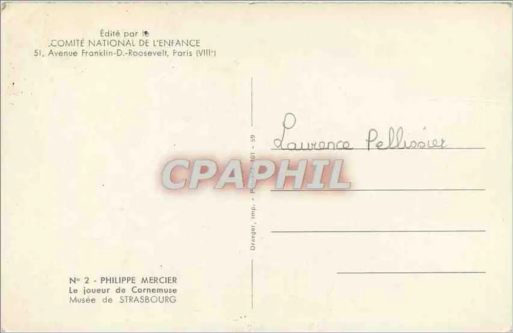 O tocador de corneta — Philippe Mercier — Editado pelo Comitê Nacional da Criança, N° 2 - Verso